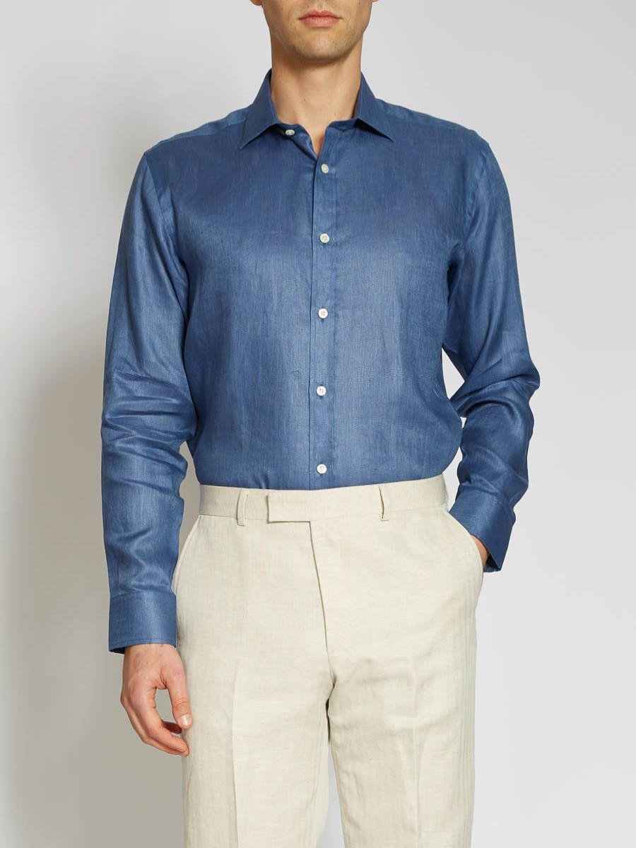 Menswear Favourbrook Shirts | Lagan Blue Colne Linen Helford Shirt