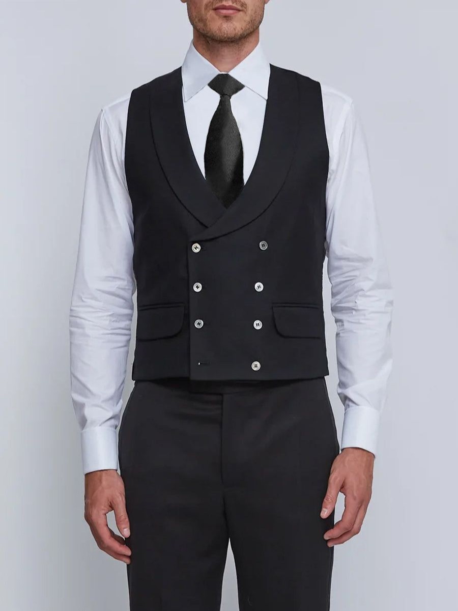 Menswear Favourbrook Waistcoats | Black Gabardine Wool Double Breasted 8 Button Shawl Lapel Waistcoat