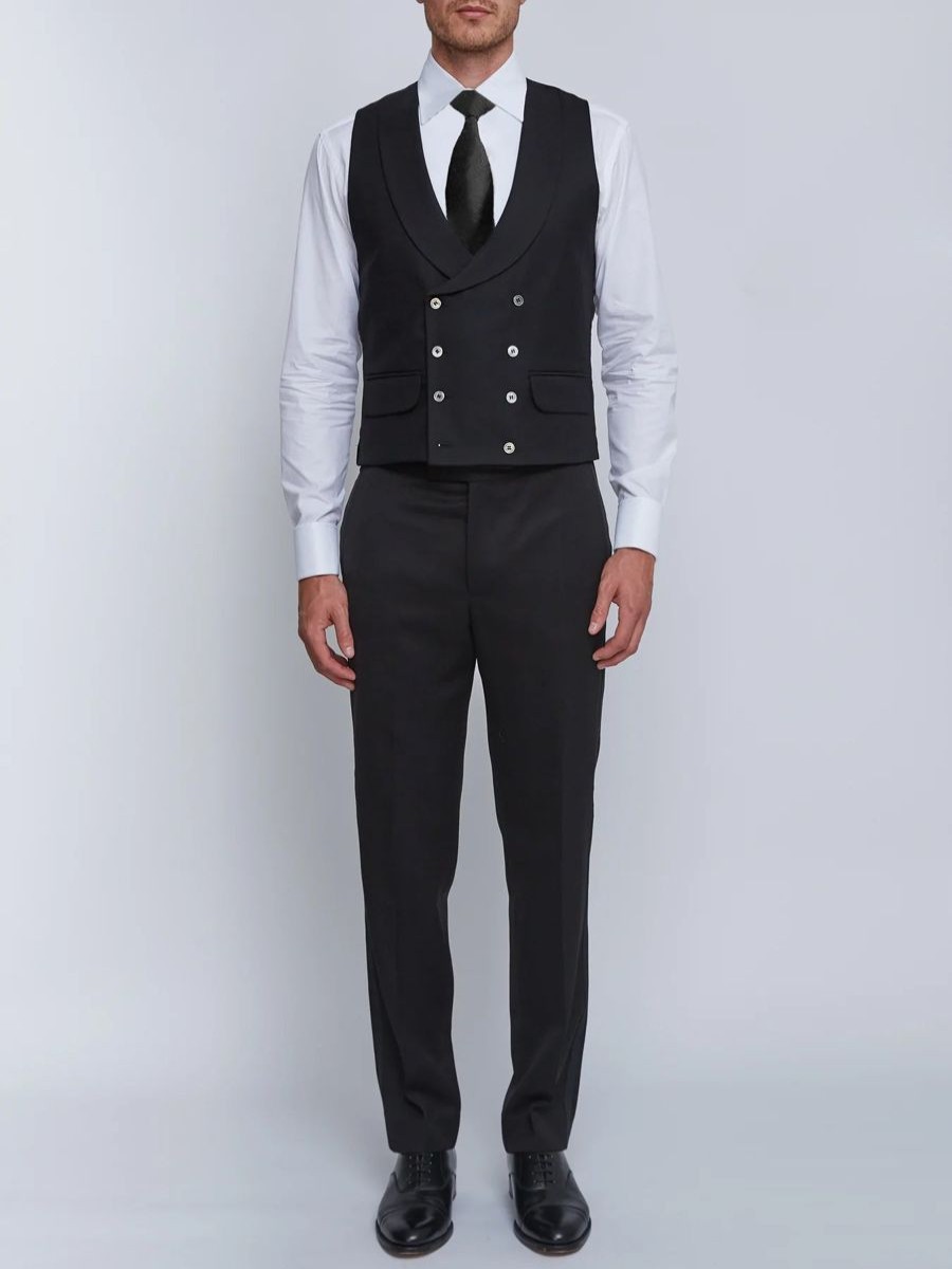 Menswear Favourbrook Waistcoats | Black Gabardine Wool Double Breasted 8 Button Shawl Lapel Waistcoat