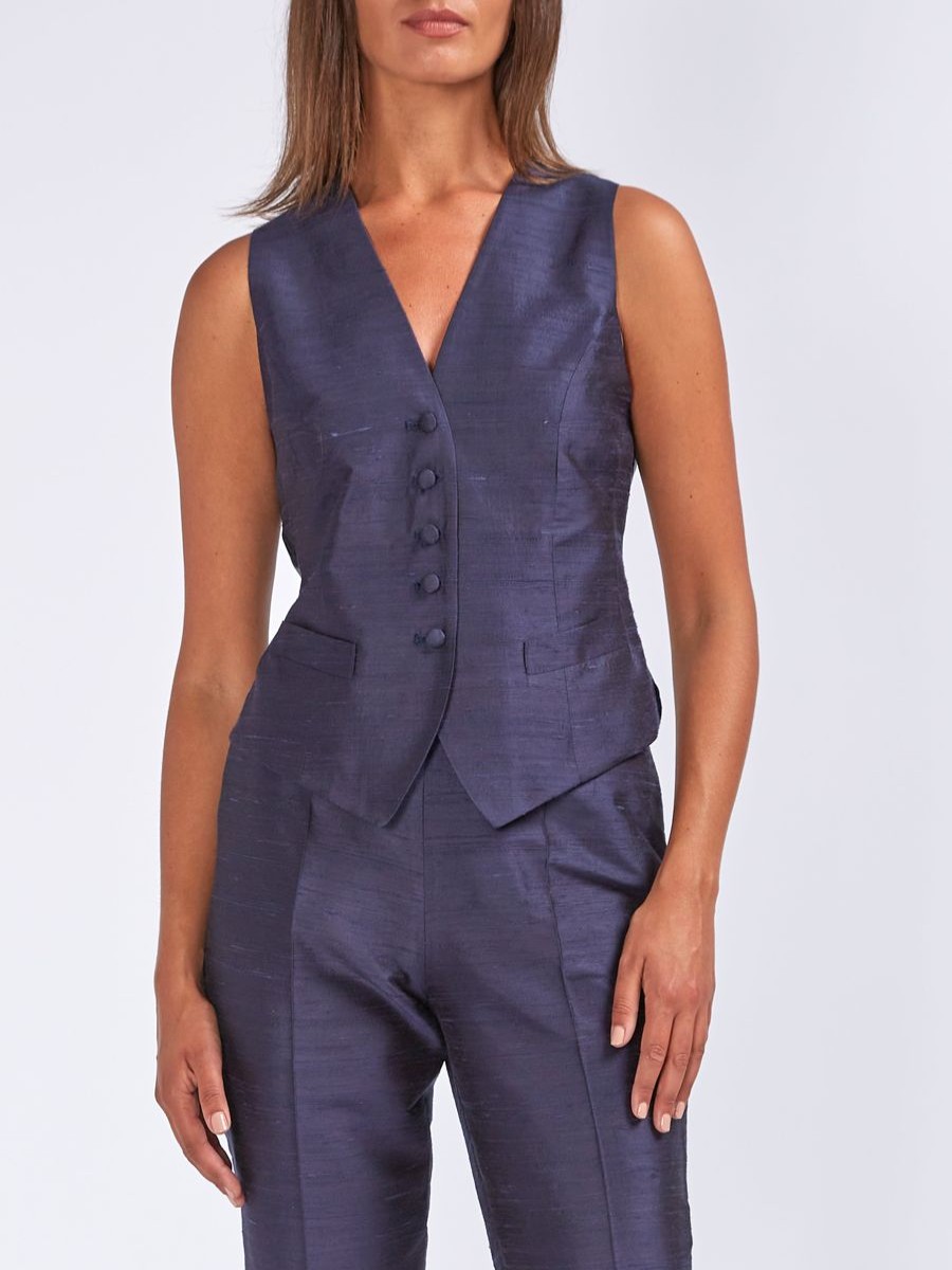 Menswear Favourbrook Waistcoats | Waistcoat Single-Breasted Ink Plain Silk Douppion