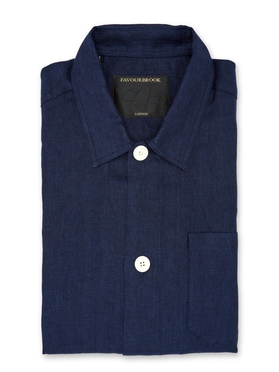 Menswear Favourbrook Shirts | Navy Ethan Linen Safari Shirt