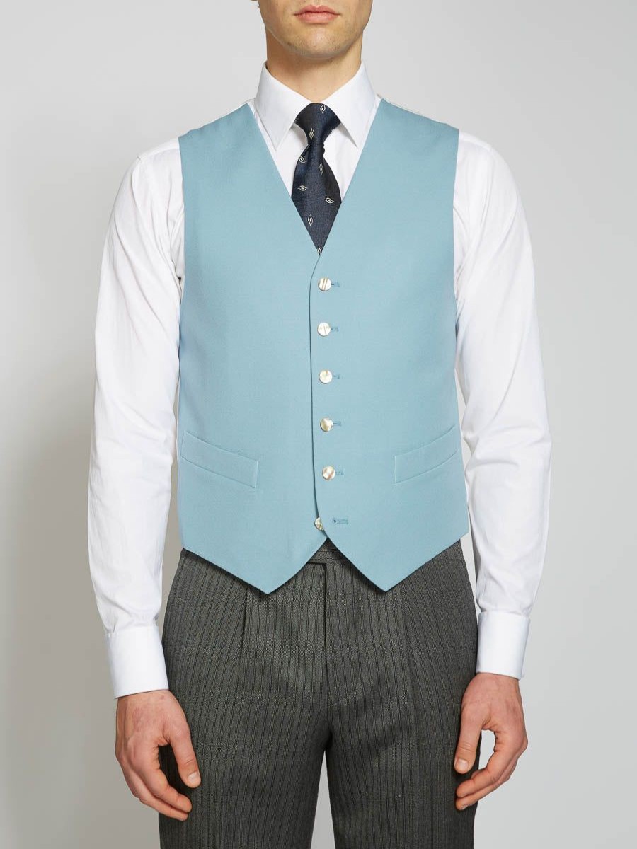 Menswear Favourbrook Waistcoats | Pale Blue Gabardine Wool Single Breasted 6 Button Waistcoat