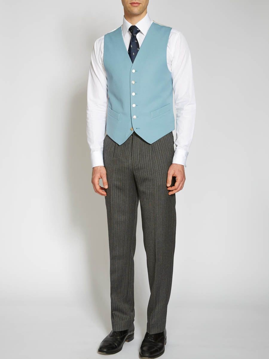 Menswear Favourbrook Waistcoats | Pale Blue Gabardine Wool Single Breasted 6 Button Waistcoat