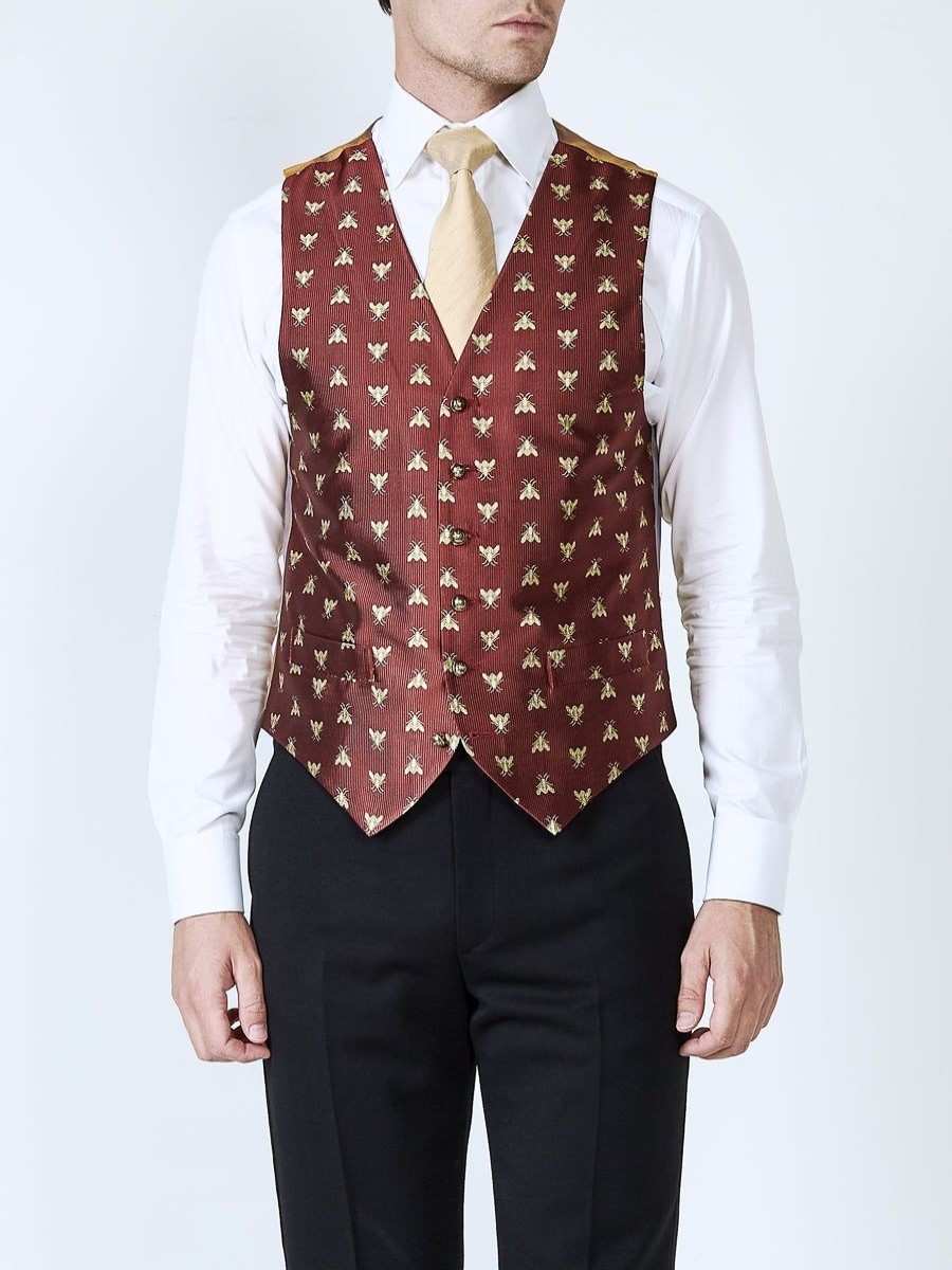 Menswear Favourbrook Waistcoats | Red Bees Silk Single Breasted 6 Button Waistcoat