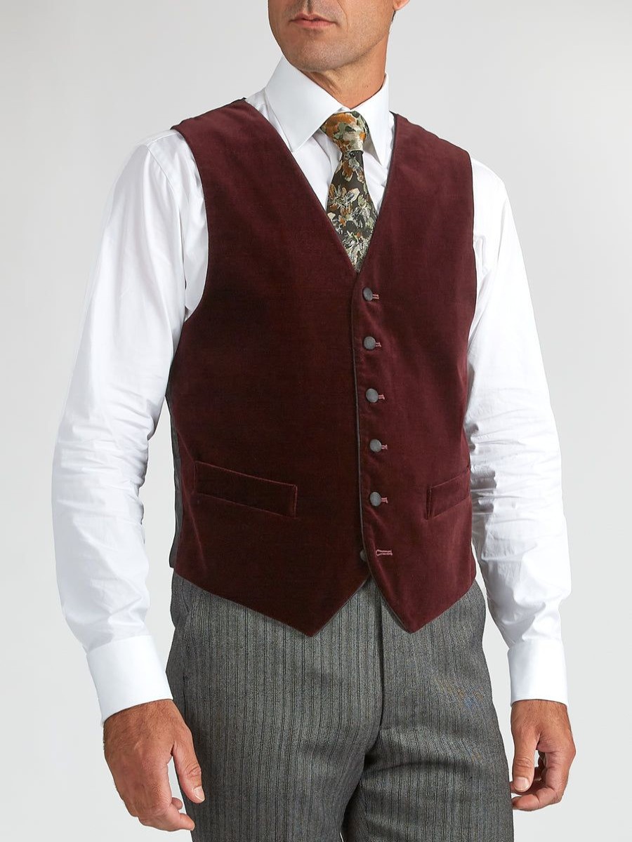 Menswear Favourbrook Waistcoats | Burgundy Velvet Cotton Single Breasted 6 Button Piped Waistcoat