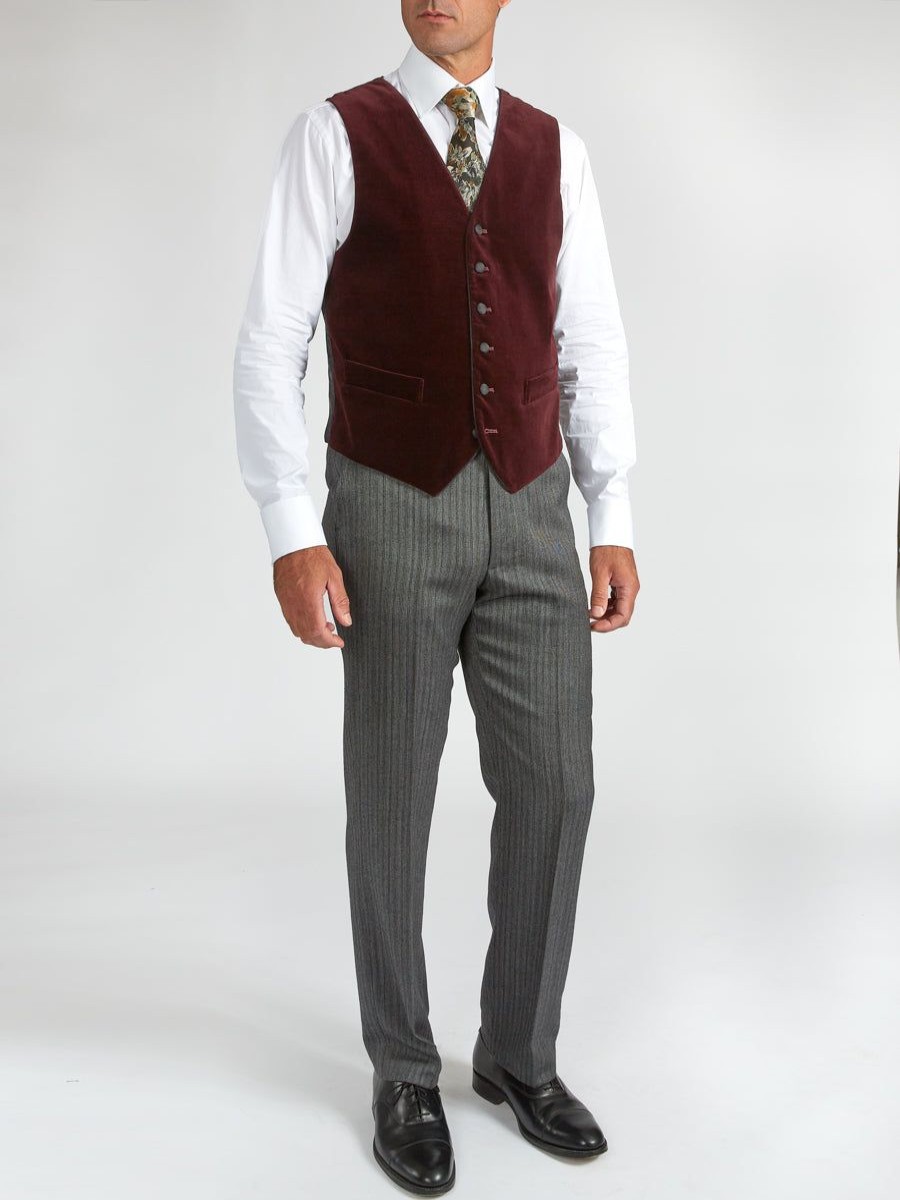 Menswear Favourbrook Waistcoats | Burgundy Velvet Cotton Single Breasted 6 Button Piped Waistcoat