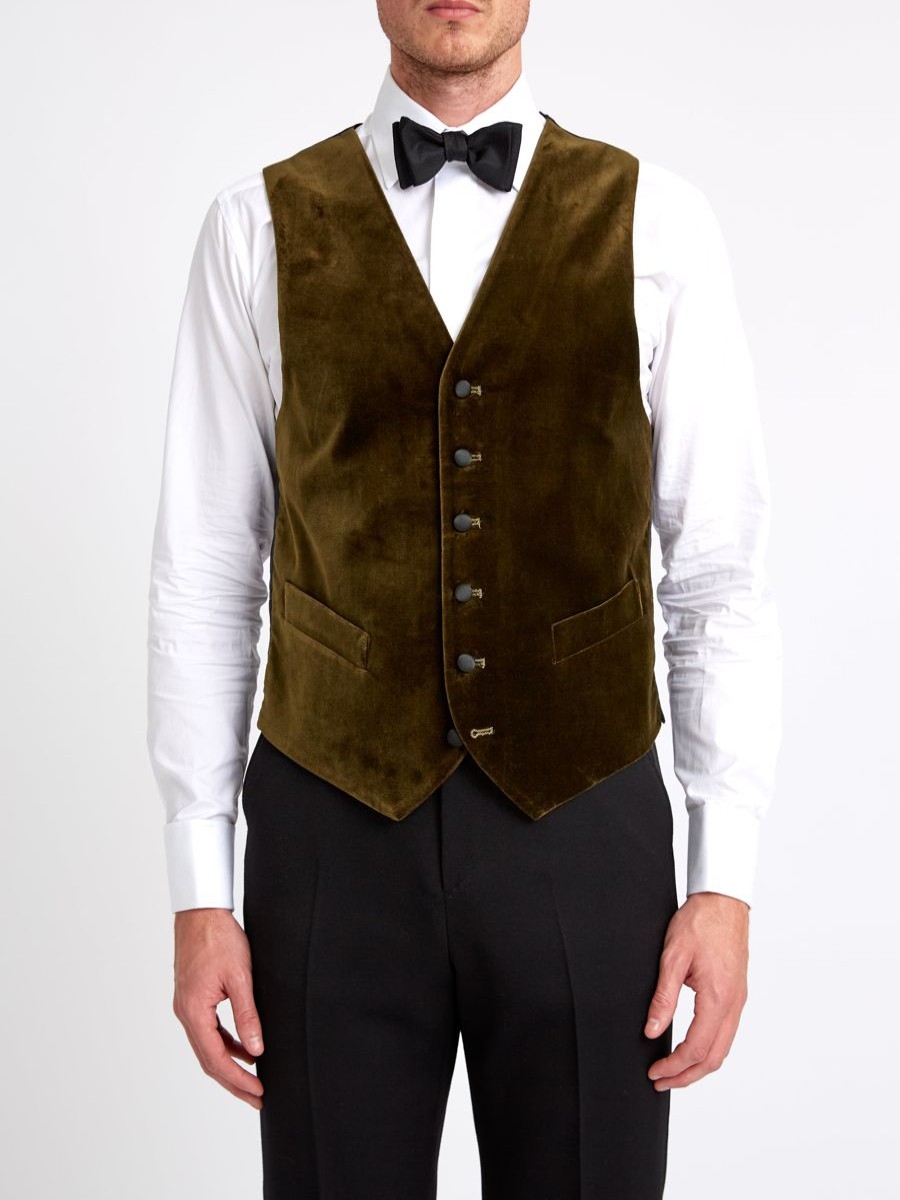 Menswear Favourbrook Waistcoats | Olive Velvet Cotton Single Breasted 6 Button Piped Waistcoat