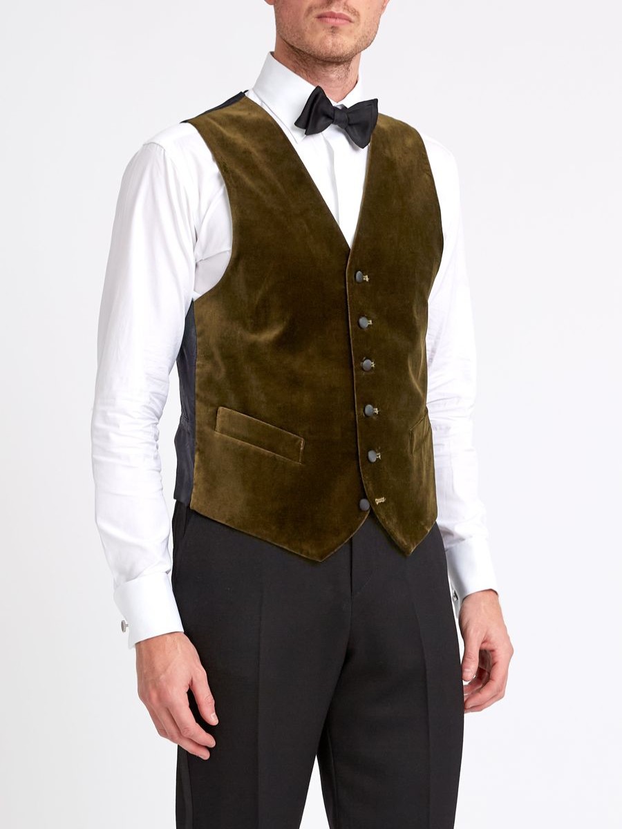 Menswear Favourbrook Waistcoats | Olive Velvet Cotton Single Breasted 6 Button Piped Waistcoat