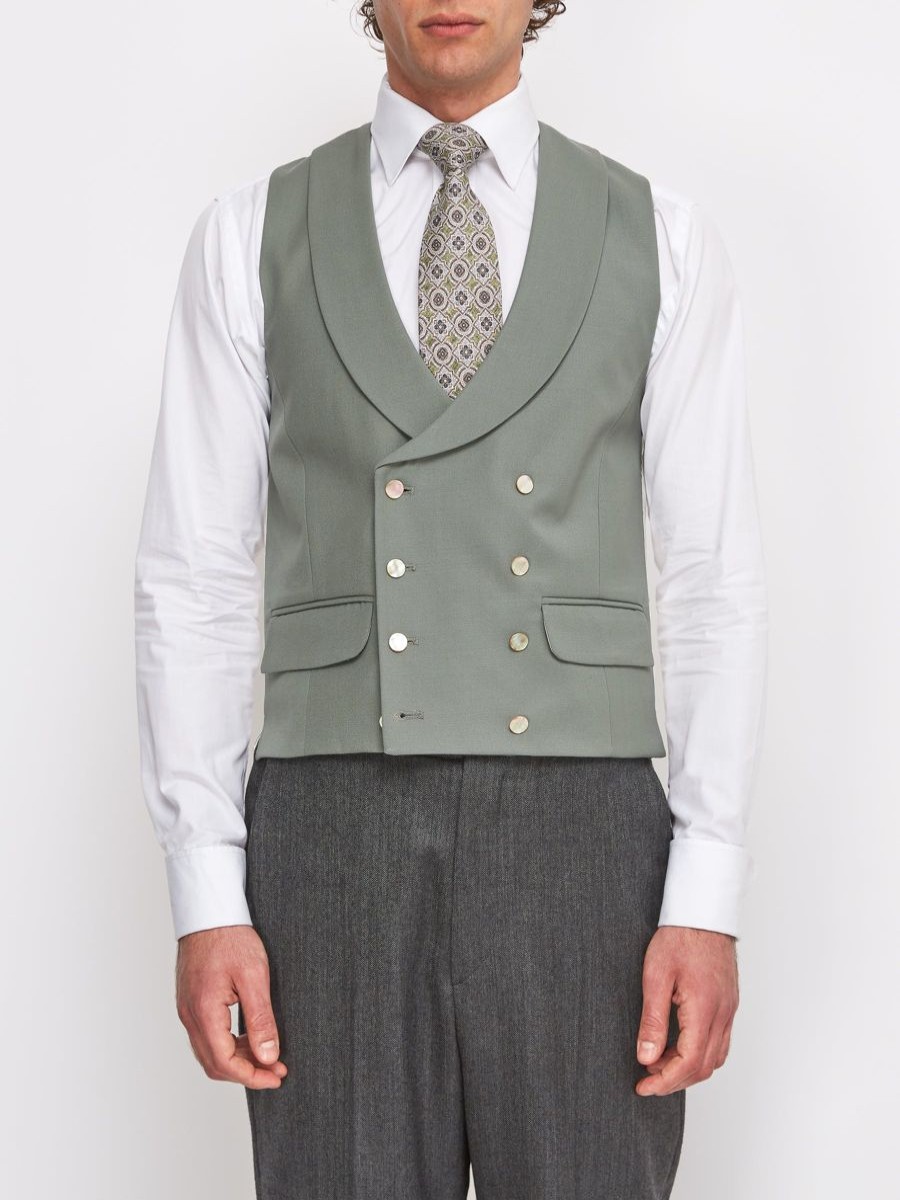 Menswear Favourbrook Waistcoats | Olive Gabardine Wool Double Breasted 8 Button Shawl Lapel Waistcoat