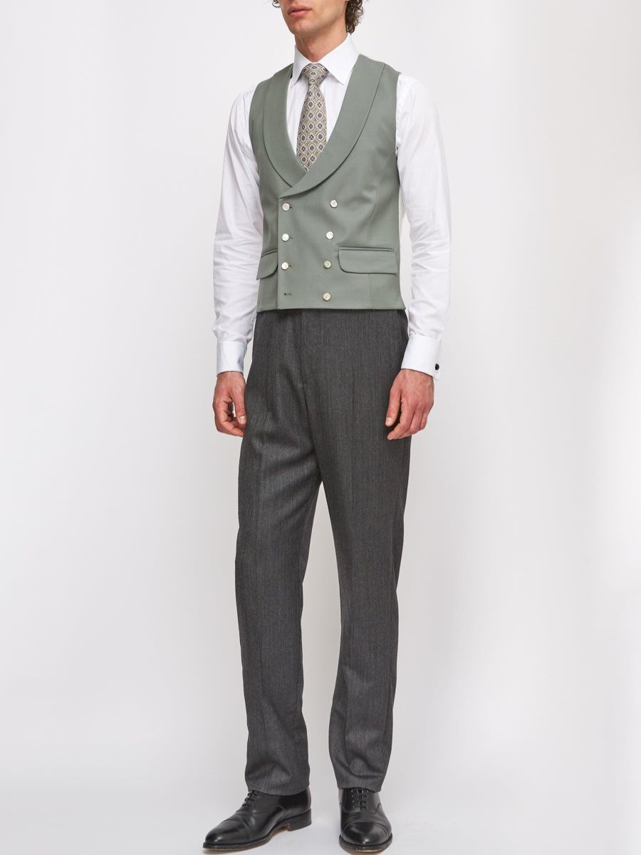 Menswear Favourbrook Waistcoats | Olive Gabardine Wool Double Breasted 8 Button Shawl Lapel Waistcoat