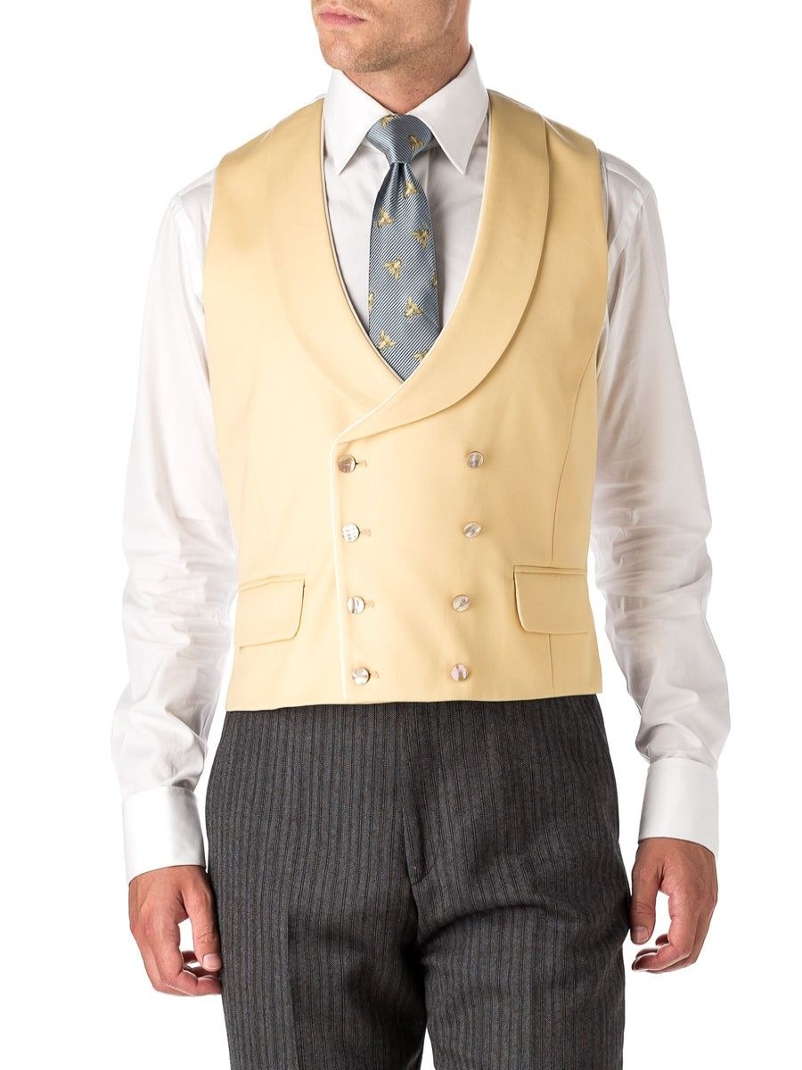 Menswear Favourbrook Waistcoats | Yellow Gabardine Wool Double Breasted 8 Button Shawl Lapel Piped Waistcoat