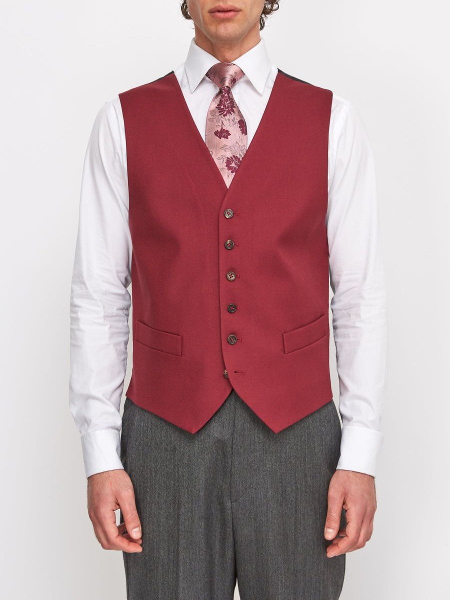 Menswear Favourbrook Waistcoats | Burgundy Wool Single Breasted 6 Button Waistcoat