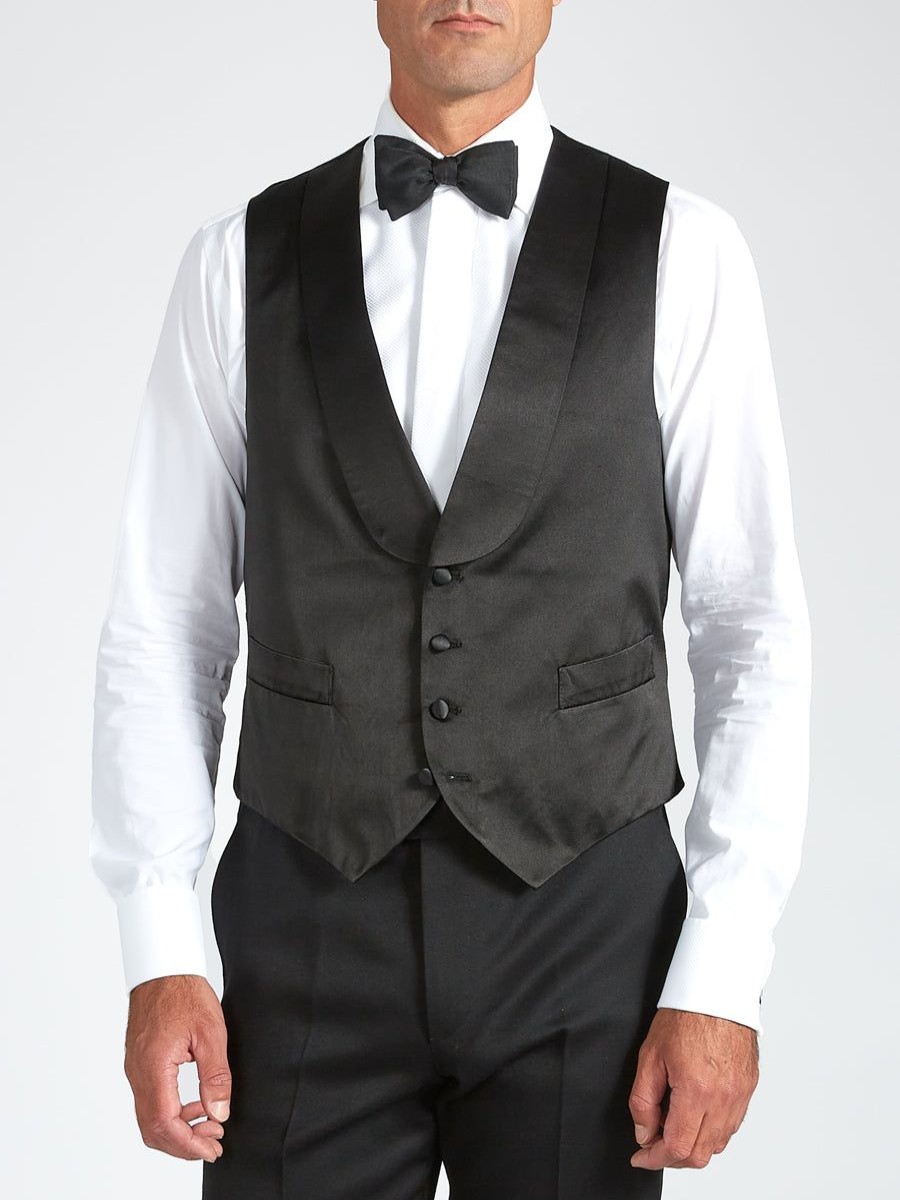 Menswear Favourbrook Waistcoats | Black Duchesse Satin Silk Single Breasted 4 Button Shawl Lapel Waistcoat