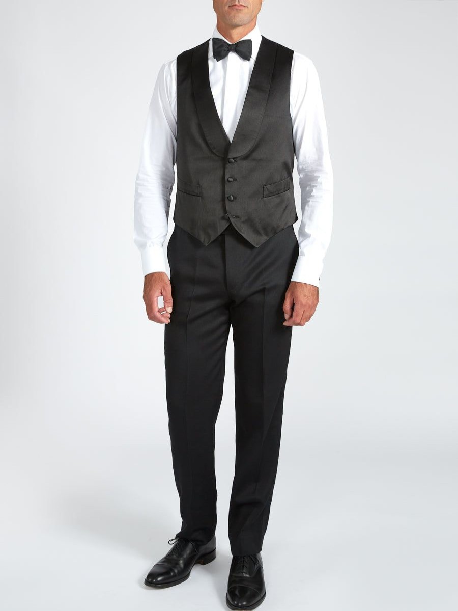 Menswear Favourbrook Waistcoats | Black Duchesse Satin Silk Single Breasted 4 Button Shawl Lapel Waistcoat