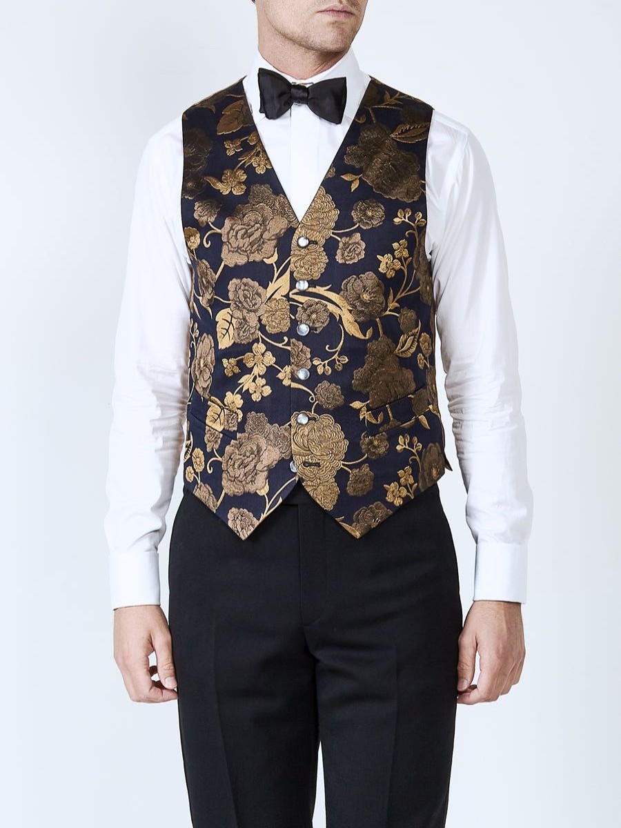 Menswear Favourbrook Waistcoats | Midnight Gold Winnington Silk Single Breasted 6 Button Waistcoat