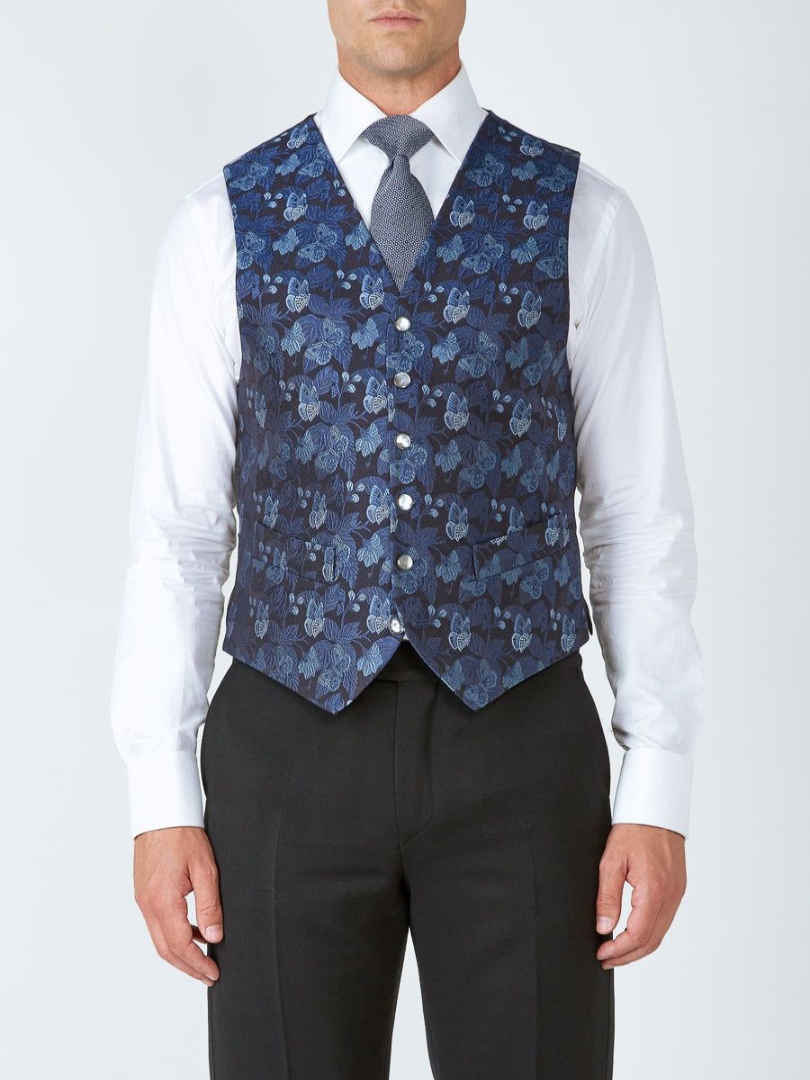 Menswear Favourbrook Waistcoats | Navy Brimstone Silk Single Breasted 6 Button Waistcoat