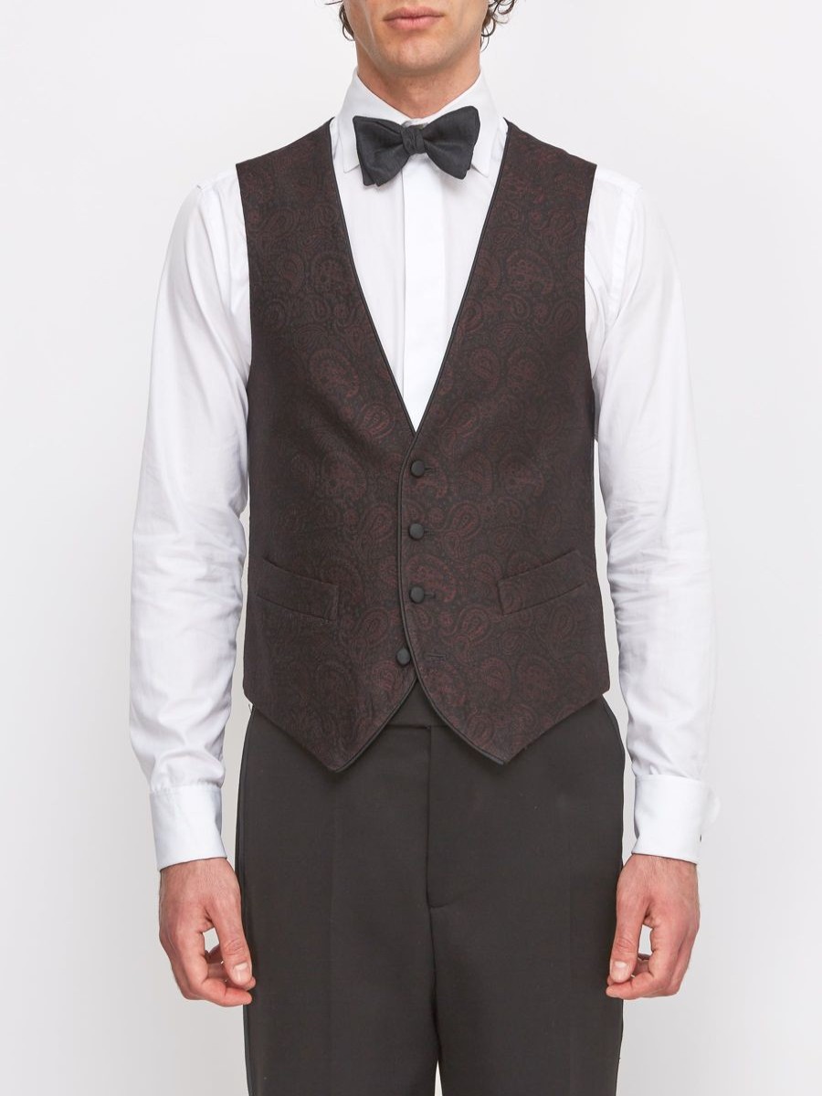 Menswear Favourbrook Waistcoats | Burgundy Vincent Wool Single Breasted 4 Button Piped Waistcoat