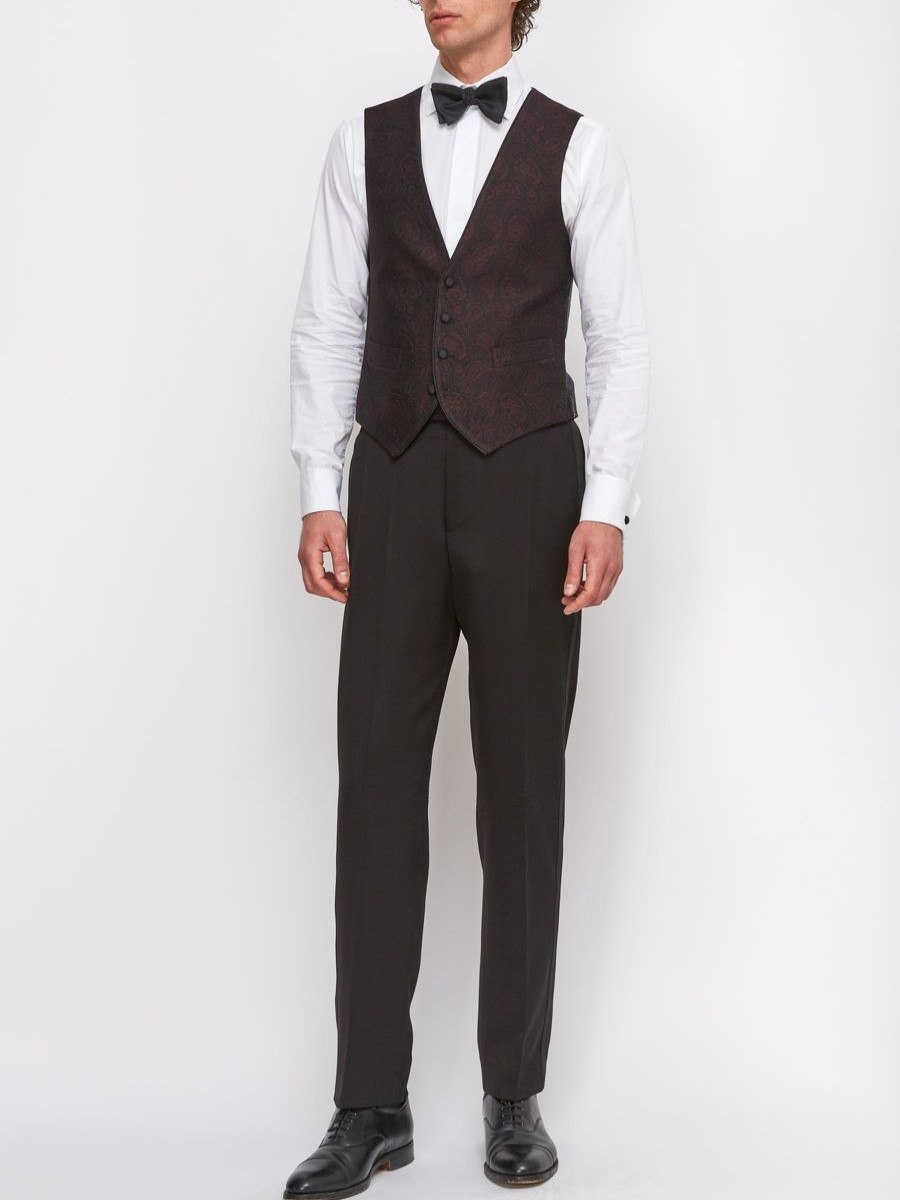 Menswear Favourbrook Waistcoats | Burgundy Vincent Wool Single Breasted 4 Button Piped Waistcoat