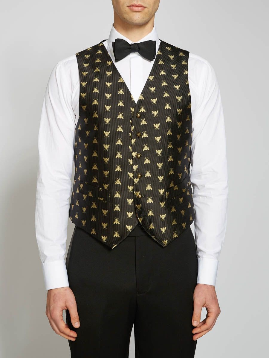 Menswear Favourbrook Waistcoats | Black Gold Bees Silk Single Breasted 6 Button Waistcoat