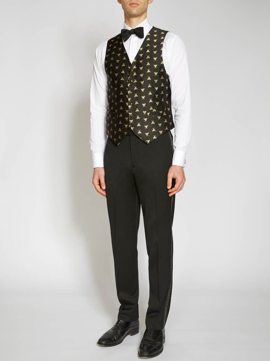 Menswear Favourbrook Waistcoats | Black Gold Bees Silk Single Breasted 6 Button Waistcoat