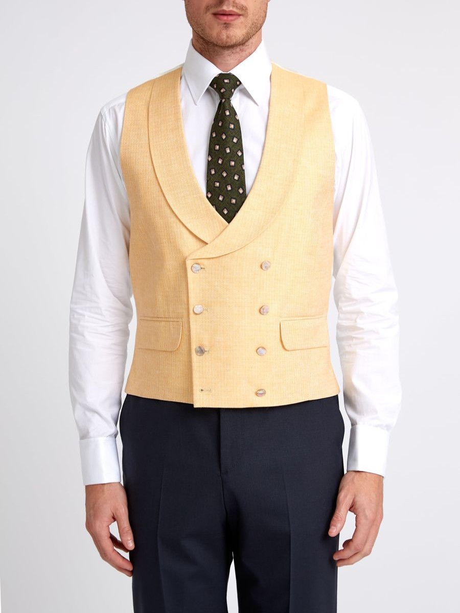 Menswear Favourbrook Waistcoats | Canary Yellow Alnwick Herringbone Double Breasted 8 Button Shawl Lapel Waistcoat