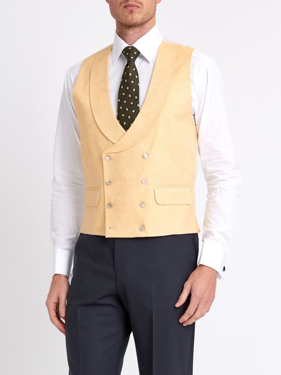 Menswear Favourbrook Waistcoats | Canary Yellow Alnwick Herringbone Double Breasted 8 Button Shawl Lapel Waistcoat