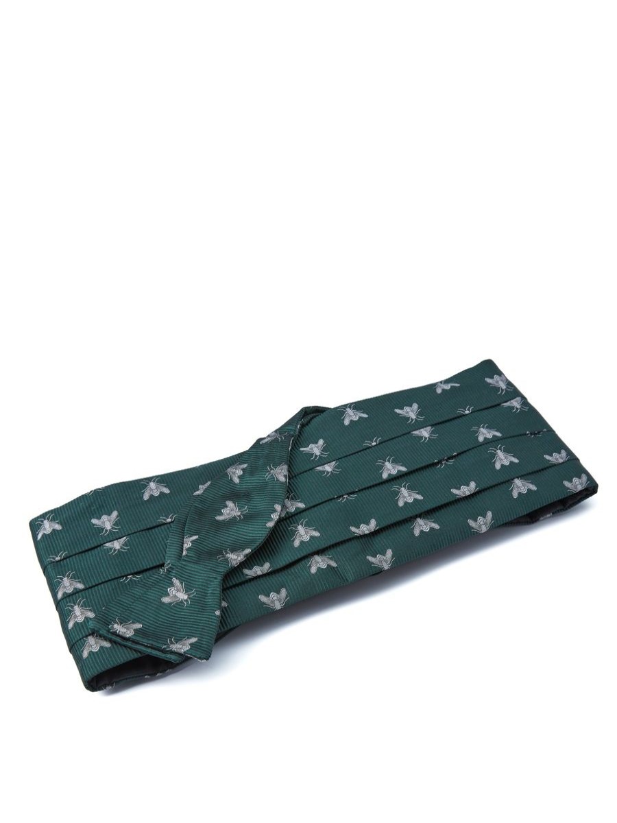 Menswear Favourbrook Bow Ties & Cummerbunds | Green & Silver Bees Pleated Cummerbund & Bow Tie Set