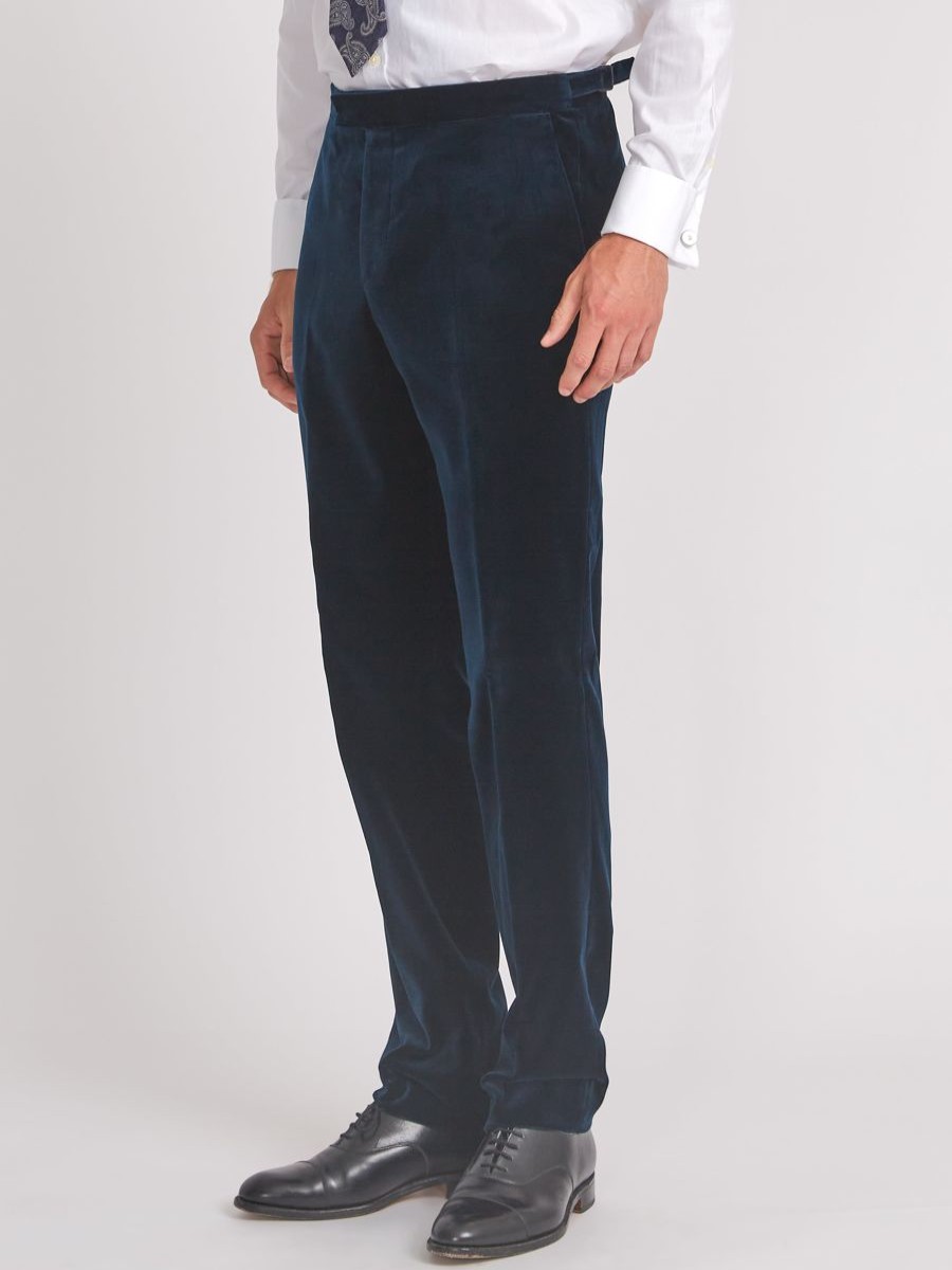 Menswear Favourbrook Trousers | Navy Velvet Cotton Flat Front Dress Trousers