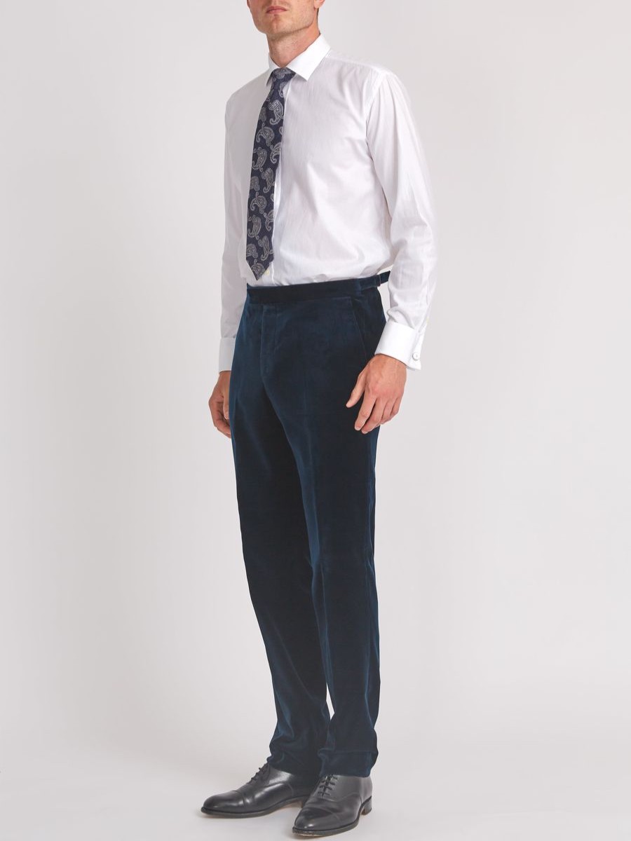 Menswear Favourbrook Trousers | Navy Velvet Cotton Flat Front Dress Trousers