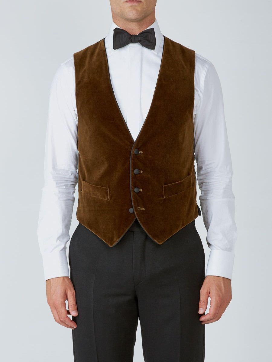 Menswear Favourbrook Waistcoats | Cardamon Velvet Cotton Single Breasted 4 Button Piped Waistcoat