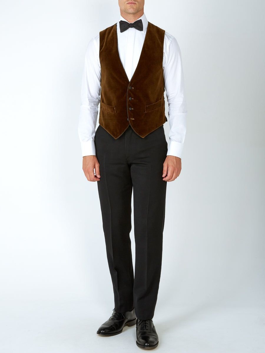 Menswear Favourbrook Waistcoats | Cardamon Velvet Cotton Single Breasted 4 Button Piped Waistcoat