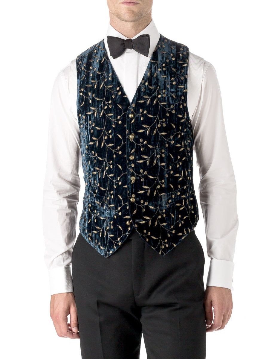 Menswear Favourbrook Waistcoats | Navy Lurex Berries Velvet Single Breasted 6 Button Waistcoat