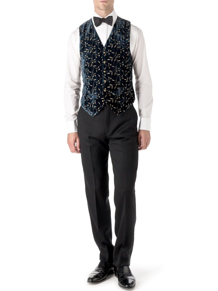 Menswear Favourbrook Waistcoats | Navy Lurex Berries Velvet Single Breasted 6 Button Waistcoat