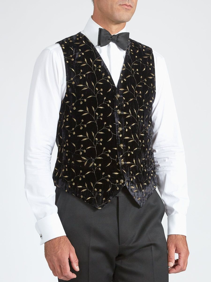 Menswear Favourbrook Waistcoats | Black Lurex Berries Velvet Single Breasted 6 Button Waistcoat