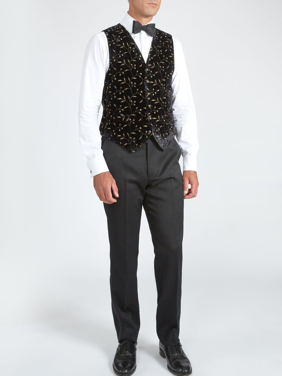 Menswear Favourbrook Waistcoats | Black Lurex Berries Velvet Single Breasted 6 Button Waistcoat