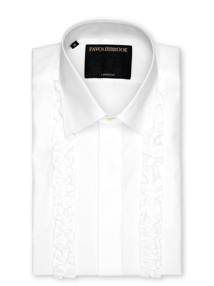 Menswear Favourbrook Shirts | White Poplin Cotton Single Frill Shirt Dress Shirt