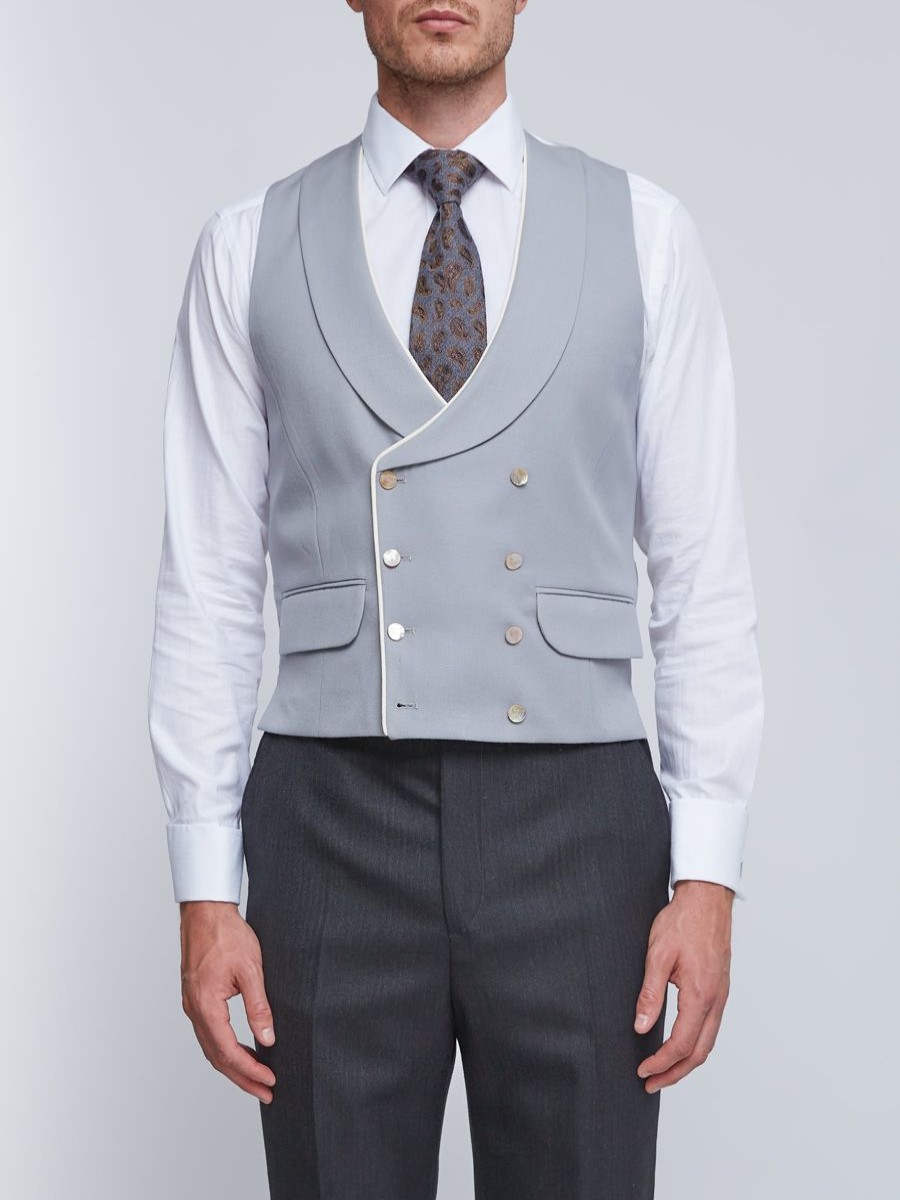 Menswear Favourbrook Waistcoats | Grey Gabardine Wool Double Breasted 8 Button Shawl Lapel Piped Waistcoat