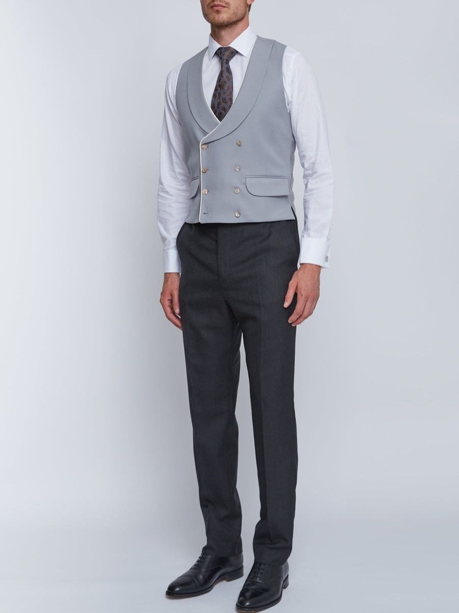 Menswear Favourbrook Waistcoats | Grey Gabardine Wool Double Breasted 8 Button Shawl Lapel Piped Waistcoat