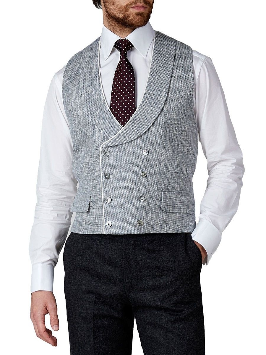 Menswear Favourbrook Waistcoats | Navy Taurus Linen Double Breasted 8 Button Shawl Lapel Piped Waistcoat