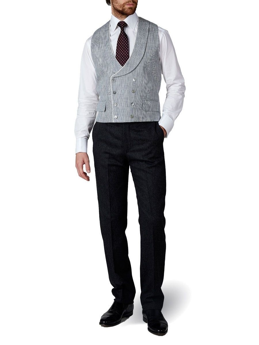 Menswear Favourbrook Waistcoats | Navy Taurus Linen Double Breasted 8 Button Shawl Lapel Piped Waistcoat