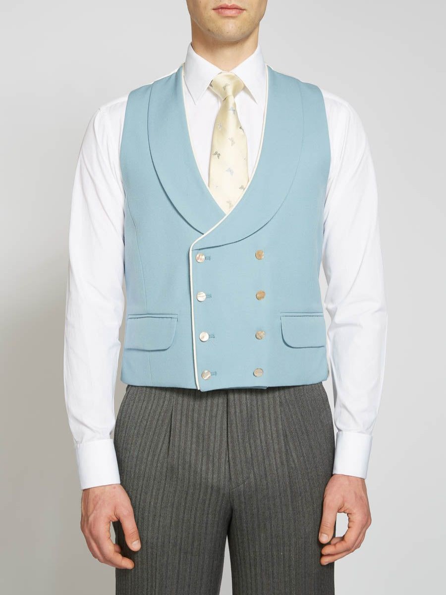 Menswear Favourbrook Waistcoats | Pale Blue Gabardine Wool Double Breasted 8 Button Shawl Lapel Piped Waistcoat