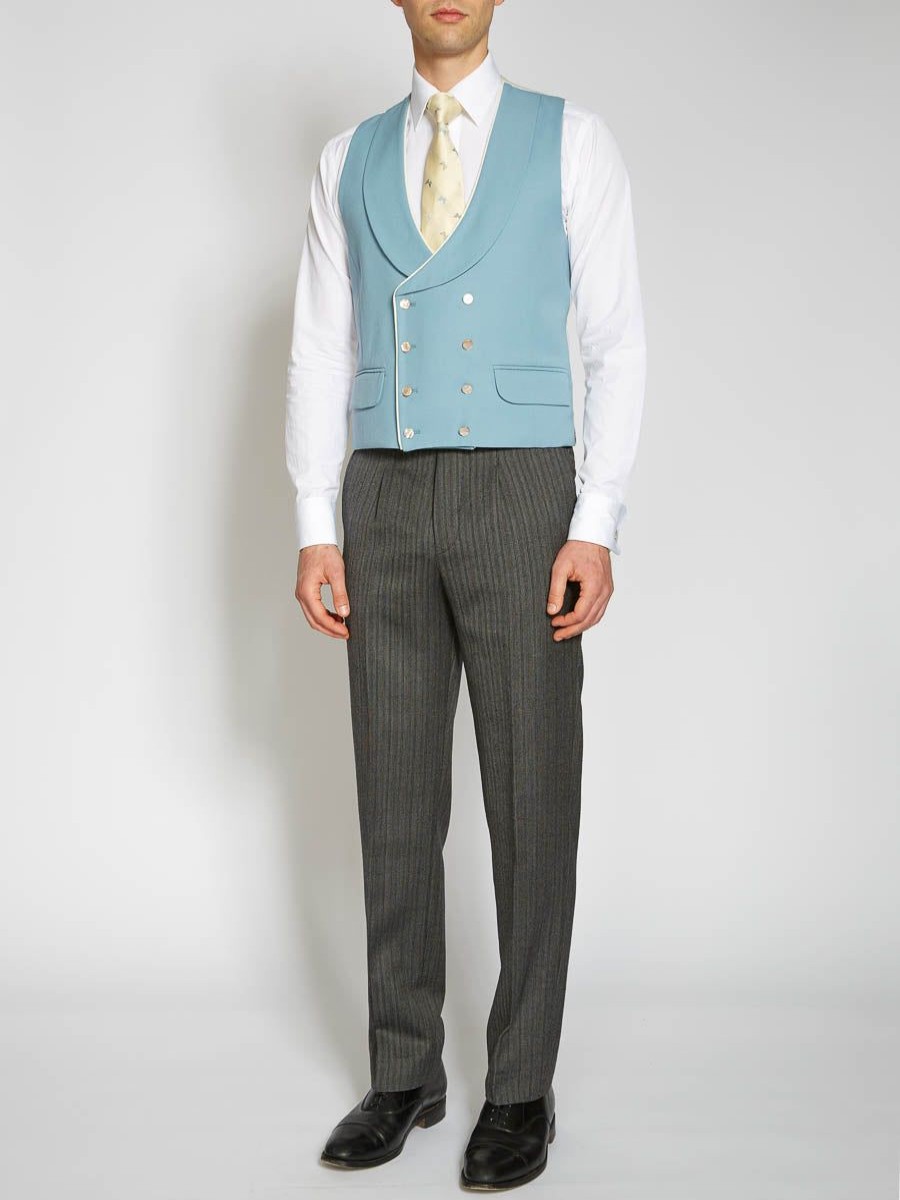 Menswear Favourbrook Waistcoats | Pale Blue Gabardine Wool Double Breasted 8 Button Shawl Lapel Piped Waistcoat