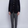 Menswear Favourbrook Velvet Jackets | Navy Velvet Nehru Jacket Button Cuff