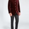 Menswear Favourbrook Velvet Jackets | Burgundy Velvet Nehru Jacket With Frogging On Sleeve