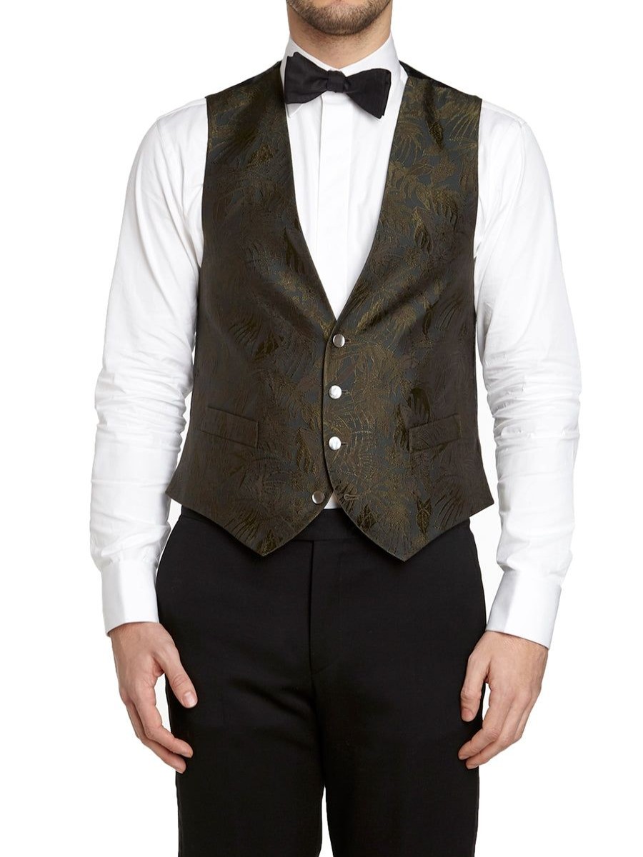 Menswear Favourbrook Waistcoats | Olive Botanics Silk Single Breasted 4 Button Waistcoat