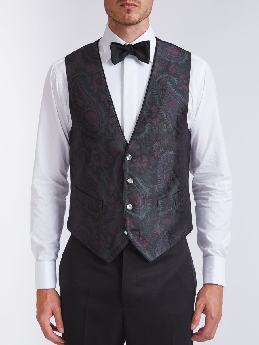 Menswear Favourbrook Waistcoats | Midnight Plum Carlton Paisley Single Breasted 4 Button Piped Waistcoat