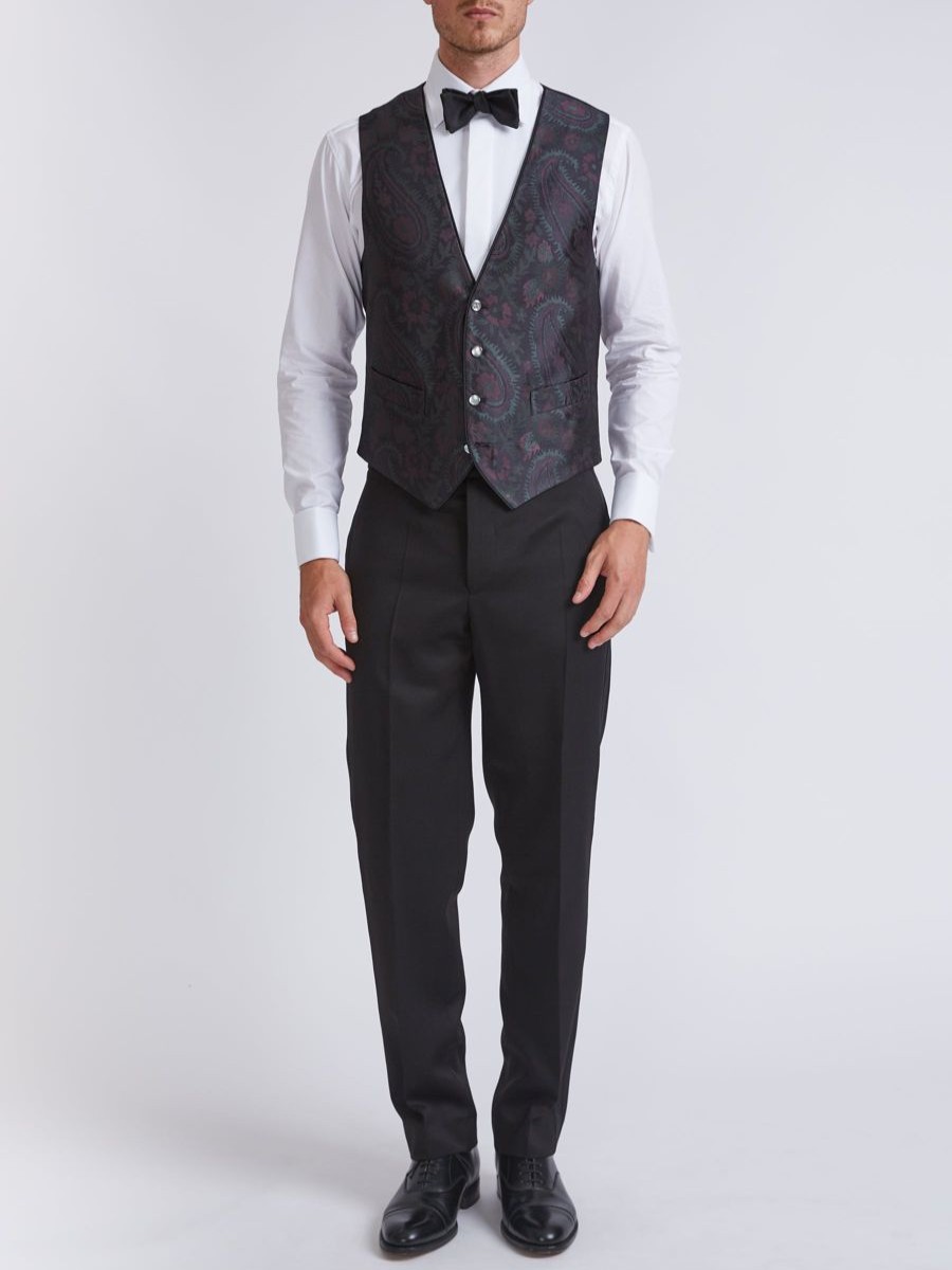 Menswear Favourbrook Waistcoats | Midnight Plum Carlton Paisley Single Breasted 4 Button Piped Waistcoat