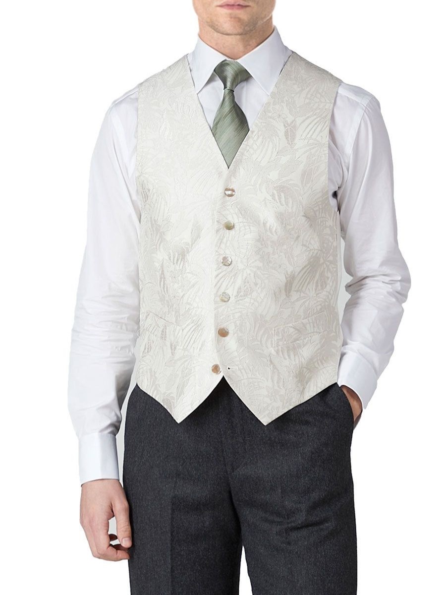 Menswear Favourbrook Waistcoats | Ivory Botanics Silk Single Breasted 6 Button Waistcoat