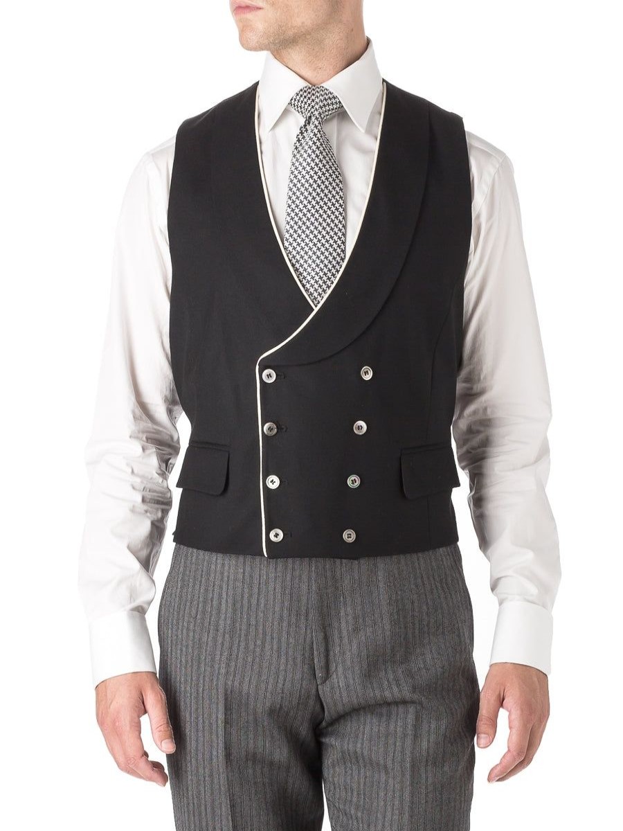 Menswear Favourbrook Waistcoats | Black Gabardine Wool Double Breasted 8 Button Shawl Lapel Piped Waistcoat