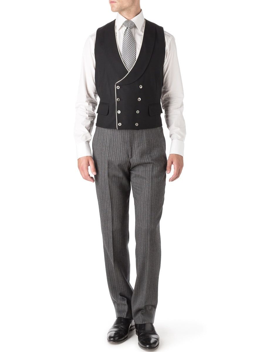 Menswear Favourbrook Waistcoats | Black Gabardine Wool Double Breasted 8 Button Shawl Lapel Piped Waistcoat